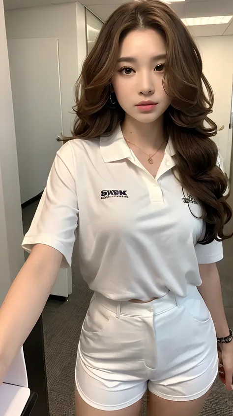 ((best qualtiy, 8K, tmasterpiece:1.3)), Focus:1.2, ((Office Worker)) ((Perfect figure Beautiful Woman: 1.4)),  ((Random Diva Hairstyle) ((Brown Wavy Hair In Big Curls))（Long white legs: 1.3)), ((Polo Shirt With Shorts Outfit :1.2)), (inside in room: 1.2), ...