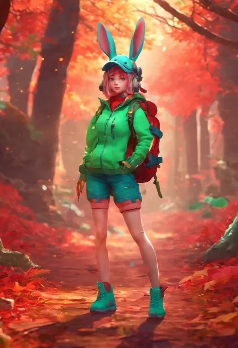 3D rendering of (Profile photo of an adventurous rabbit sister standing on a path between autumn leaves), hairy, Clear and beautiful face, Big green bright eyes, （Binoculars hanging from her chest：1.37）, Sister Rabbit wears a green fashion adventure outfit...