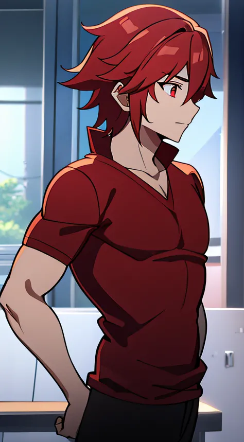 Good-looking guy with red eyes and red hairs and with Black tshirt with good body postures, Anime, handsome, hd, 8k, ultra HD