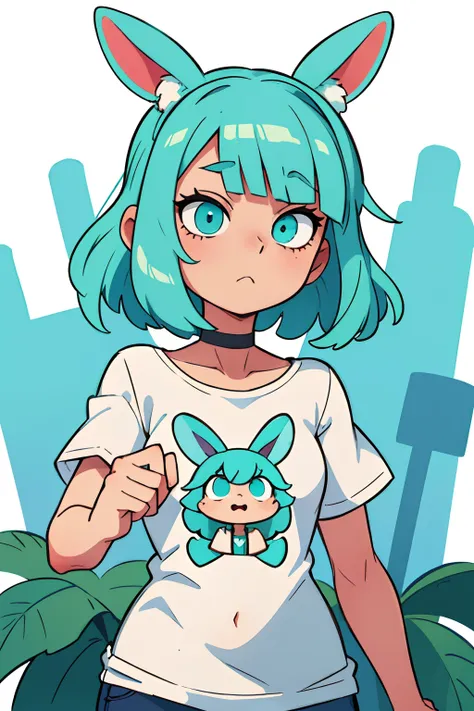 ((beste-Qualit, tmasterpiece)), 
1hare girl, white long t-shirt, Short turquoise hair, wavy bangs,The eyes are turquoise, chocker on neck