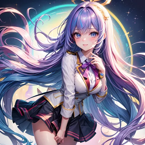 (best quality,4k,8k,highres,masterpiece:1.2),long,colorful hair (rainbow hair:1.1),angelic appearance,intense and detailed eyes,pouty lips,long eyelashes,detailed facial features,yandere expression,bouncy and vibrant smile,uniform with ribbon,cute blazer,p...