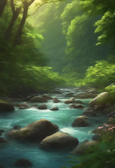 painting of a stream running through a lush green forest filled with trees, detailed painting 4 k, mountains river trees, anime landscape wallpaper, beautiful art uhd 4 k, anime countryside landscape, detailed scenery —width 672, beautiful digital painting...