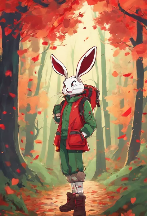 3D rendering of (A photo of an adventurous rabbit sister standing on a path between the autumn leaves), hairy, Clear and beautiful face, Big green bright eyes, （Highly myopic glasses：1.37）（Binoculars hanging from her chest：1.37）, Sister Bunny is wearing a ...