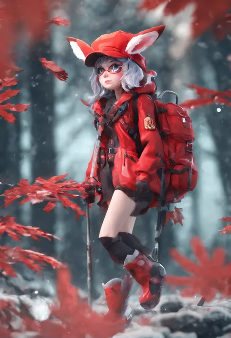 3D rendering of (A photo of an adventurous rabbit sister standing on a path between the autumn leaves), hairy, Clear and beautiful face, Big green bright eyes, （Highly myopic glasses：1.37）（Binoculars hanging from her chest：1.37）, Sister Rabbit wears a gree...