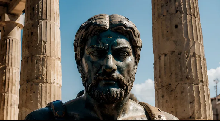 Ancient Stoic Statue With Very Angry Expression, tem barba, muitos detalhes em ambos os olhos, Outside, fundo atenas grego, open sky, com rosto extremamente detalhado full body view, Colors with low saturation with dark tone, Filmado em Sony A7S III com So...