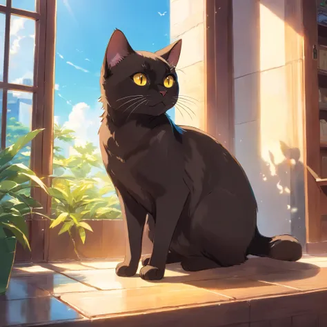 Black Siamese cat、Yellow eyes、Lick the paws、afternoon sunlight、bell