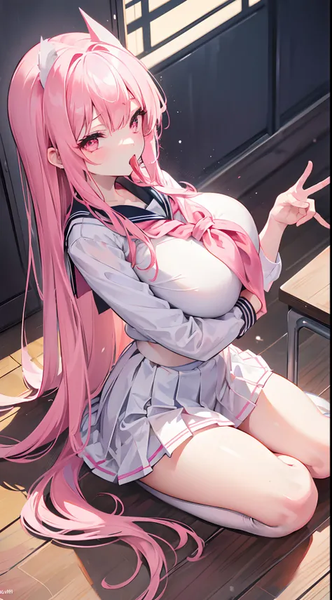 Long pink hair to the waist，dual horsetail，Girl with pink eyes in sailor uniform school uniform，huge tit，，Slimy look，Be red in the face，is shy，In the classroom，With your mouth open，Clothes were torn，Bend over