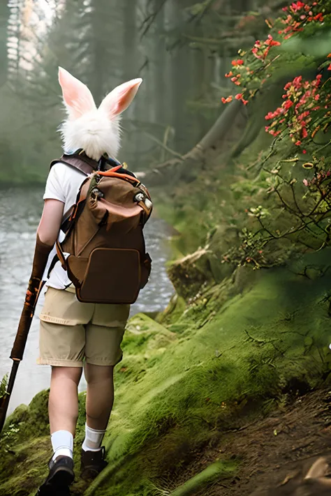 classic negative portrait photography, fantasy video game character concept art, cute white fluffy rabbit carrying a small brown leather backpack looking at map, hiking through forest, dungeon and dragon, fantasy, river, haze, halation, flowers, dramatic a...