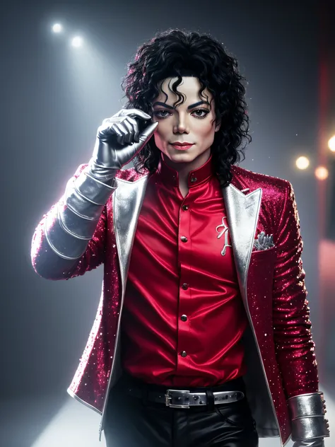 Michael Jackson, com uma jacketa vermelha, With a glitter silver glitter glove in her hand, modelo, cinematic style Sony A7rlll, imagem estilizada, qualidade UHD.