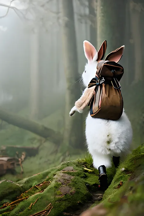 classic negative portrait photography, fantasy video game character concept art, cute white fluffy rabbit carrying a small brown leather backpack looking at map, hiking through forest, dungeon and dragon, fantasy, river, haze, halation, flowers, dramatic a...