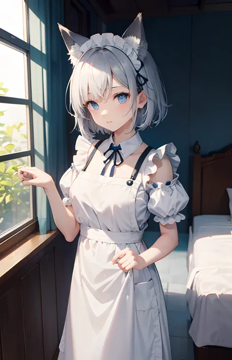 ​masterpiece,Top image quality,hight resolution,imagem 4k,Raw photo,Photorealsitic,{Solo},teens girl,silber hair,Bery short hair,stare at each other,Blue eyes,小柄,Silver fox ears,Fox tail,on the beds,Apron Dresses,Maids,frilld,boyish,Head dress,Shoulder out