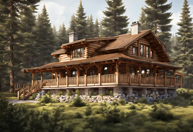 (best quality, 4k, 8k, high resolution, masterpiece: 1.2), ultra-detailed, (realistic, photorealistic, photorealistic: 1.37), wooden house with porch and balcony in the forest, very quiet area, full plan, masterpiece art, well designed modern rustic master...