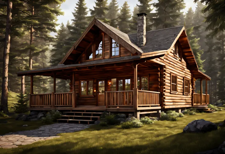 (best quality, 4k, 8k, high resolution, masterpiece: 1.2), ultra detailed, (realistic, photorealistic, photorealistic: 1.37), small wooden cabin with porch in the forest, very quiet area, full floor, artwork masterpiece, well designed modern rustic masterp...