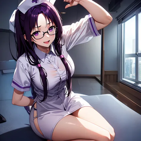 （masutepiece:1.3),(best quality:1.3),、high resolution, the buttons on my chest seem to slip, , huge smile、wearing glasses、wide f...