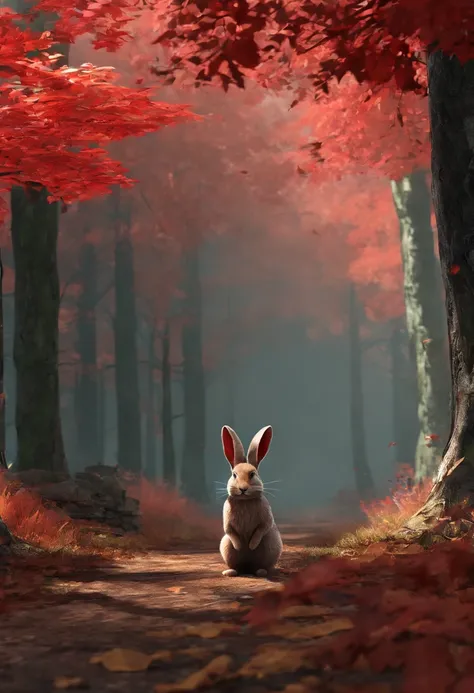 3D rendering of (A rabbit with glasses and a hat stands on the path between the autumn leaves), hairy, Green bright rabbit, （Binoculars hanging from your chest：1.37）, Green fashion adventure clothing,green shorts， Wear red hiking boots on your feet,, cute ...