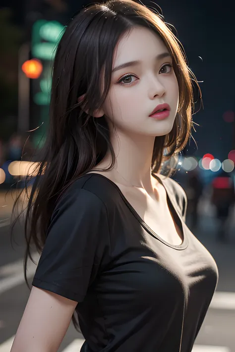 (Best quality, High resolution, Masterpiece :1.3), A pretty woman, Slender figure, Dark brown hair, T-shirt, (Street in city at night), Highly detailed face and skin texture, Detailed eyes, Double eyelid