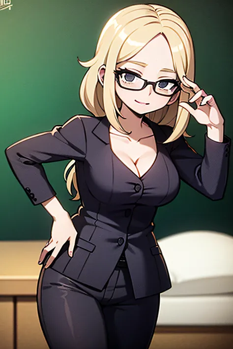 (Alta calidad), (dibujo perfecta), (Obra maestra), (Anime style), (milf), (inintencionalmente sexy), (manos perfectas), profesora, gafas, seria, falda, elegante