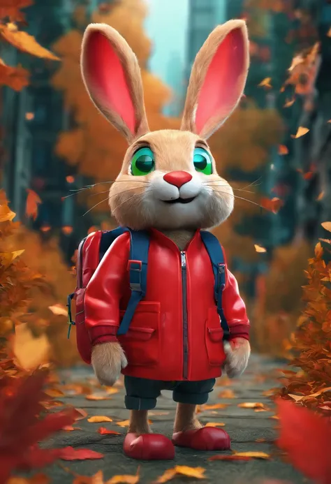 3D rendering of (A rabbit with glasses and a hat stands on the path between the autumn leaves), hairy, Green bright rabbit, （Binoculars hanging from your chest：1.37）, Green fashion adventure clothing,green shorts， Wear red hiking boots on your feet,, cute ...