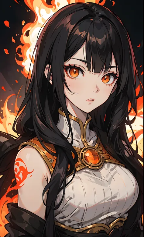 Anime female kratos, black hair, orange fire eyes, hd, high definition