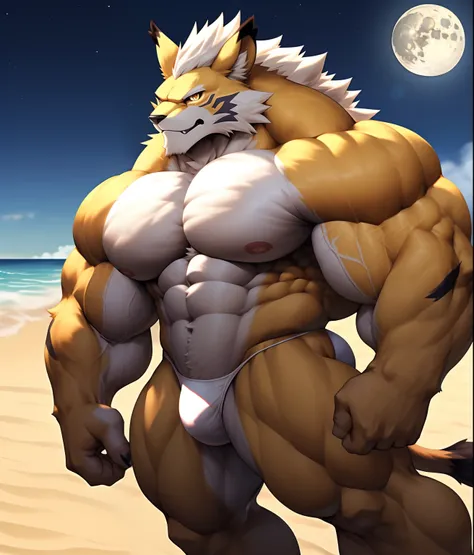 PRO competitive bodybuilder, nj5furry, (Leomon,16 years old, massive, huge, muscular, Gigachad), (((((WHITE THONG))))) Leomon, YOUNG FACE, TEEN, ((extremely realistic shadows, masterpiece, extremely detailed, photorealistic)), kemono, looking at the viewer...