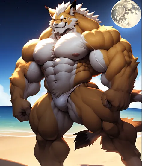 PRO competitive bodybuilder, nj5furry, (Leomon,16 years old, massive, huge, muscular, Gigachad), (((((WHITE THONG))))) Leomon, YOUNG FACE, TEEN, ((extremely realistic shadows, masterpiece, extremely detailed, photorealistic)), kemono, looking at the viewer...