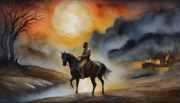 There is a man on a horse in front of a full moon, em volta lobos numa noite obscura