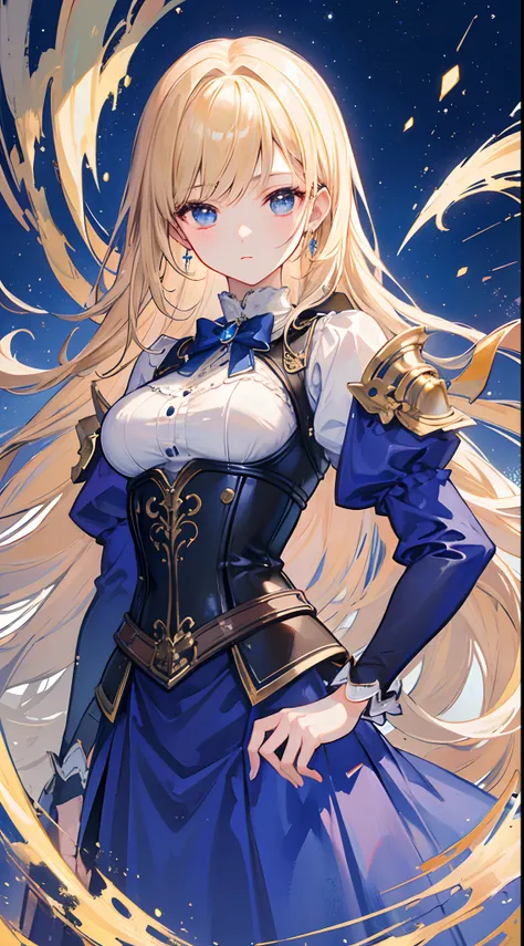 (((​masterpiece)))、((top-quality))、(The ultra-detailliert)、(CG Illustration)、(a very beautiful woman))、Cinematic Light、((1 Mechanical Girl))、 (Beautiful and indulgent)()、Facing the front,a blond,Corset Belt,blue high waist skirt,Upper body portrait