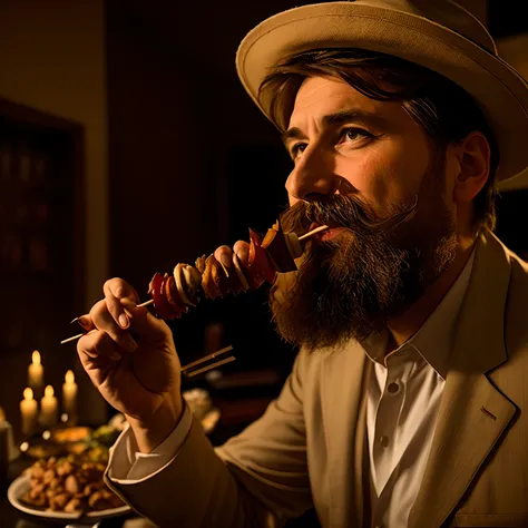 Theres a man with a beard eating a skewer of food, Directed by: Adam Marczyński, Directed by: Daniel Schultz, comer carne, homem bonito, Velho com bigode, retrato de alta qualidade, Directed by: Matija Jama, Directed by: Aleksander Gierymski, Directed by: ...