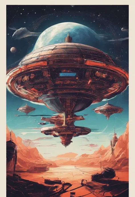 Poster design，The main body is a Chinese spacecraft，Exquisite details，There is high-speed rail in the foreground、aircraft carrier，There are astronauts next to the spacecraft，The background is the starry sky and planets，Use the printmaking style，Exquisite d...