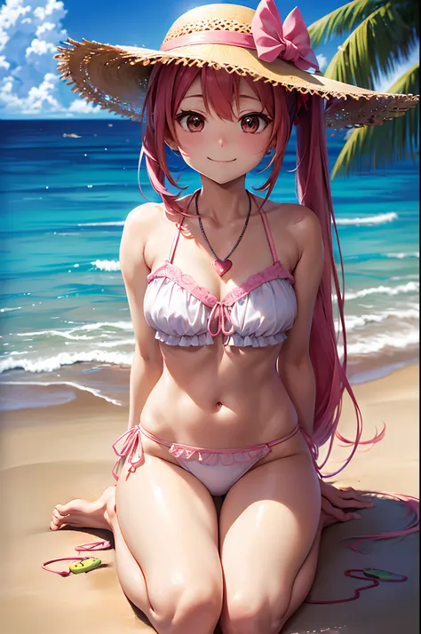 (masutepiece, Best Quality:1.2), 1girl in, Solo, Cute, kawaii, Digital Art, A smile、a straw fedora hat、Beautiful long pink hair、side ponytail、Wide and beautiful sandy beach、 finely detailed eyes, Embarrassed expression, a white bikini, Pink color scheme, ,...