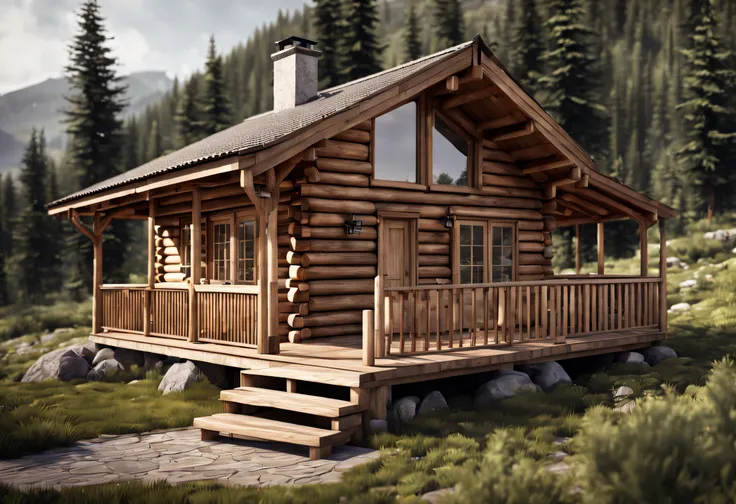 (best quality, 4k, 8k, high resolution, masterpiece: 1.2), ultra detailed, (realistic, photorealistic, photorealistic: 1.37), small wooden cabin with porch in the mountain, very quiet area, full floor, masterpiece of art, well designed modern rustic master...