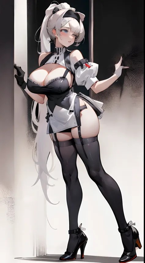 Bigboobs，cropped shoulders，the maid outfit，maidennurse，Black over-the-knee stockings，High ponytail，Stand up，high-heels