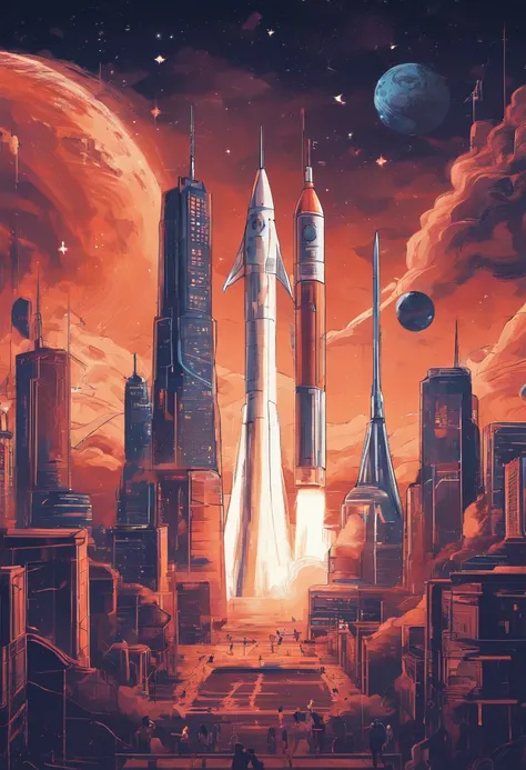 Poster design，Rocket launch scene，Starry sky planets added to background，The ground is on earth，There are some city buildings and crowds，Use the printmaking style，4k，exquisitedetails