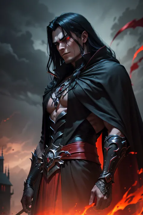 a dark muscular male evil lord, long flowing black hair, black and red cloak, piercing red eyes, menacing expression, powerful aura, standing in a dimly lit chamber,, casting eerie shadows, , adorned with intricate details, with a sinister grin, exuding an...