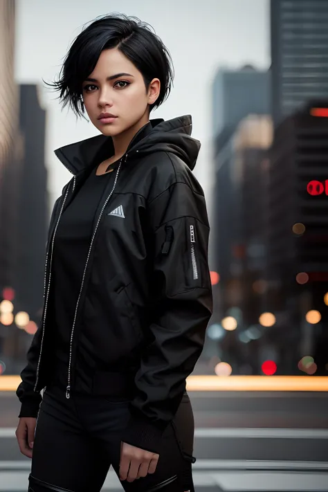 photorealistic:1.4, (masterpiece), (best quality),1girl, short black hair, urban techwear, blurry background, eye focus, finger on lip, cowboy shot, huge city background, looking over back, dramatic light, cinematic light