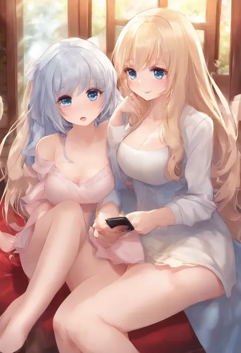 masturbation, 2girls, adorable girl, long hair, very long hair, blonde hair, heterochromia blue red, light blush, embarrassed , naughty_face, blue eyes, breasts, large breasts, hanging breasts, breasts out, serafuku, bare legs, shoes , smartphone , head ti...