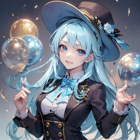 ((Finest quality)),(超A high resolution),(ultra-detailliert),(Meticulous portrayal),((Best Anime)),(Finest works of art),sharpnes,Clair, (Beautiful female magician in tailcoat:1.5),silk hat:1.3,(Light blue shortcut:1.5),Invincible smile, Magic Show,Lots of ...