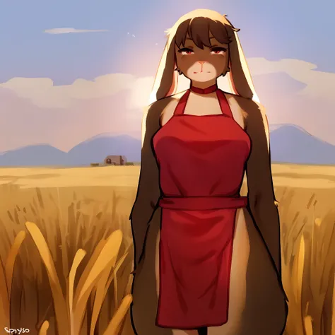 Short busty rabbit girl wearing nothing but a red apron, brown fur, wheat field, looking in the distance, by bebebebebe, by spuydjeks, by spikedmauler