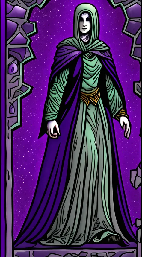 Evil cultist woman, she is very tall. Her skin is gray and she has dark purple magic. Purple light