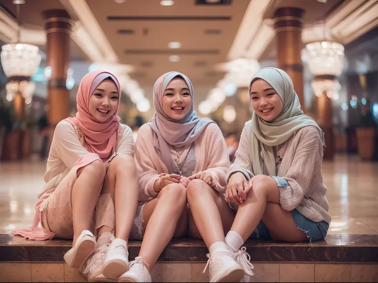 4 beautiful girl which is a white long wavy hair girl, a korean girl, a short pixie haircut girl, a malay girl with hijab, they are wearing pastel color small shirt and shorts seating in hotel lobby chatting and laughing, happy, nighttime, beautiful girl, ...