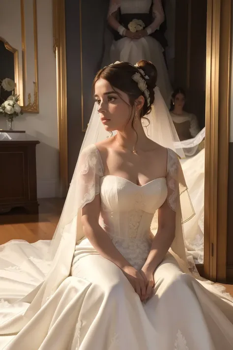 year: 2023. Location: Madrid. Pre-Raphaelite scene with a 32-year-old Macarena Garcia, sitting, luxurious room, ((((panic attack)))), stressed, nervous, ((((wedding dress from the 2020s)))) ((Hairstyle of the 2020s, low bun)), ((("OMITB" cinematography)))