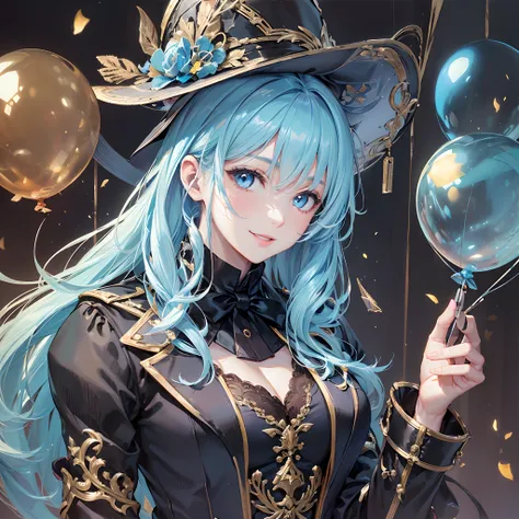 ((Finest quality)),(超A high resolution),(ultra-detailliert),(Meticulous portrayal),((Best Anime)),(Finest works of art),sharpnes,Clair, (Beautiful female magician in tailcoat:1.5),silk hat:1.3,(Light blue shortcut:1.5,stick),Invincible smile, Magic Show,Lo...