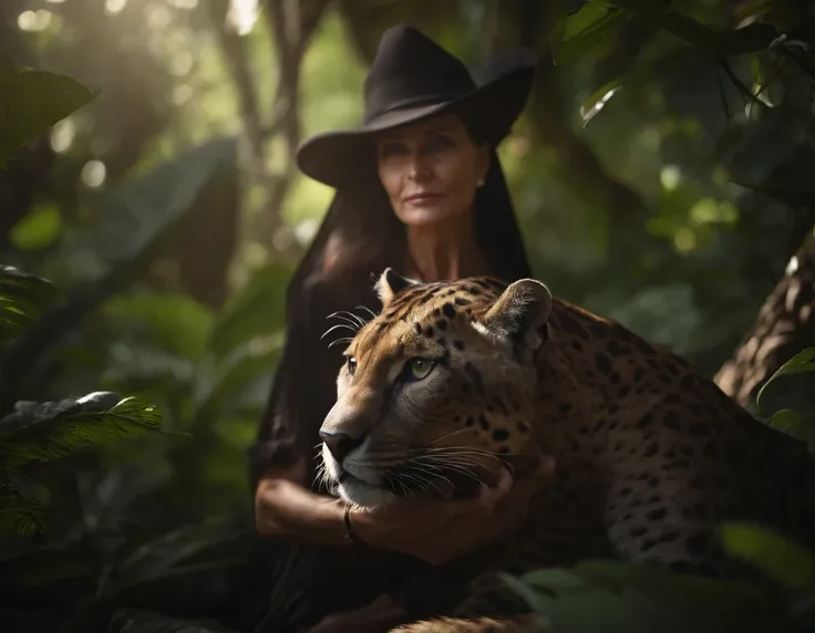 70-year-old woman witch holding a big panther ，in a jungle environment，Depth of field，High Light，real light，ray traced，OC Renderer，UE5 Renderer，Hyper-realistic，beste-Qualit，8K，works of masters，Super-slim;，Detailed pubic hair，Correct anatomy