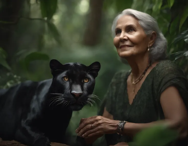 70-year-old woman witch holding a big panther ，in a jungle environment，Depth of field，High Light，real light，ray traced，OC Renderer，UE5 Renderer，Hyper-realistic，beste-Qualit，8K，works of masters，Super-slim;，Detailed pubic hair，Correct anatomy