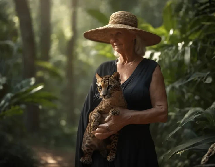 70-year-old woman witch holding a big panther ，in a jungle environment，Depth of field，High Light，real light，ray traced，OC Renderer，UE5 Renderer，Hyper-realistic，beste-Qualit，8K，works of masters，Super-slim;，Detailed pubic hair，Correct anatomy