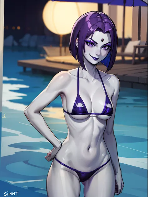 highres, masterpiece, perfect ligthing, bloom, cinematic lighting, adult, perfect skin, female,,1girl,solo,RavenTT,short hair,purple hair, purple eyes,makeup,black lipstick,grey skin,narrow waist,skinny,,outdoor,smirk,fist on hip,micro bikini,ocean