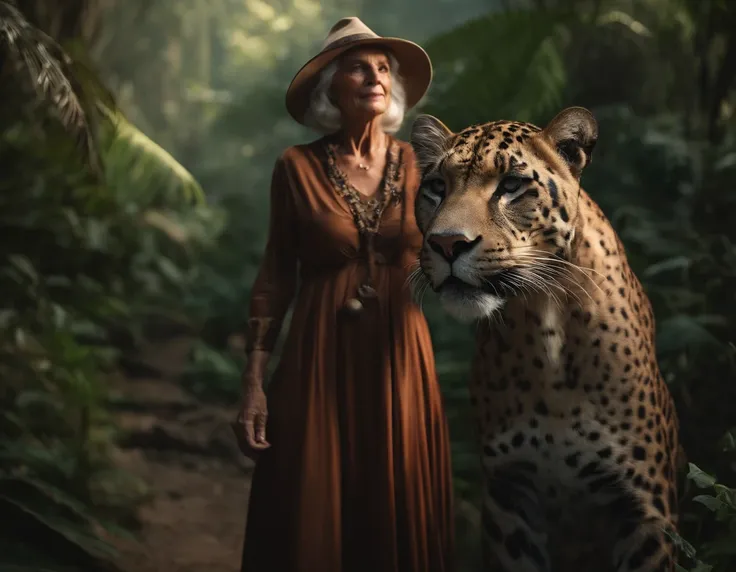 70-year-old woman witch holding a big panther ，in a jungle environment，Depth of field，High Light，real light，ray traced，OC Renderer，UE5 Renderer，Hyper-realistic，beste-Qualit，8K，works of masters，Super-slim;，Detailed pubic hair，Correct anatomy