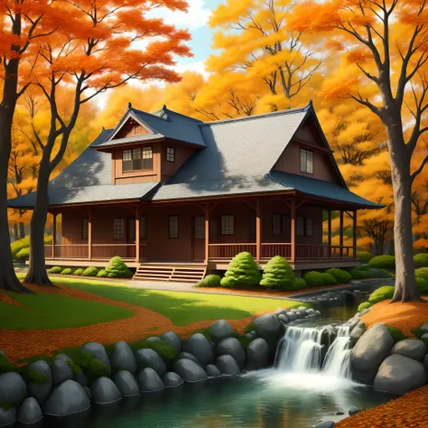 Draw a picture of a ginkgo tree in autumn、Red maple、Painting of the house and the stream