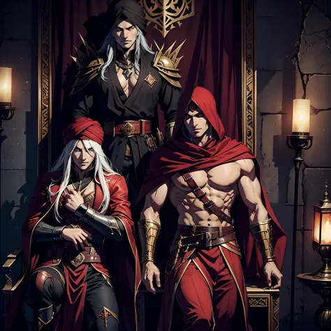 Castlevania Comic Page Lord of Shadows Red Turban in the Throne Room Moroccan environment with scary demons Super realistic faces muscular handsome hokuto no ken style