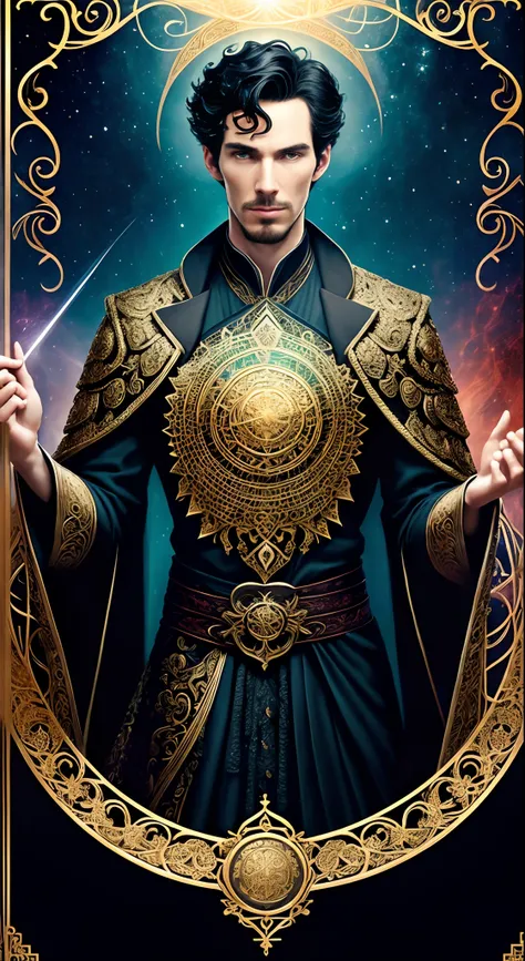 tarot cards，Full tarot border，(The image is surrounded by a tarot card-style border:1.8), (Masterpiece, High quality, Best quality, offcial art, Beauty and aesthetics:1.2),Marvel version of Doctor Strange portrait，（Benedict Cumberbatch：1.8）full-body portra...